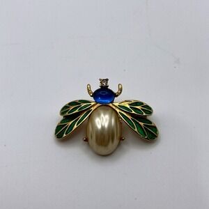 MFA Co Bug Pin Brooch Pearl Blue Enamel Gold Tone Vintage Insect